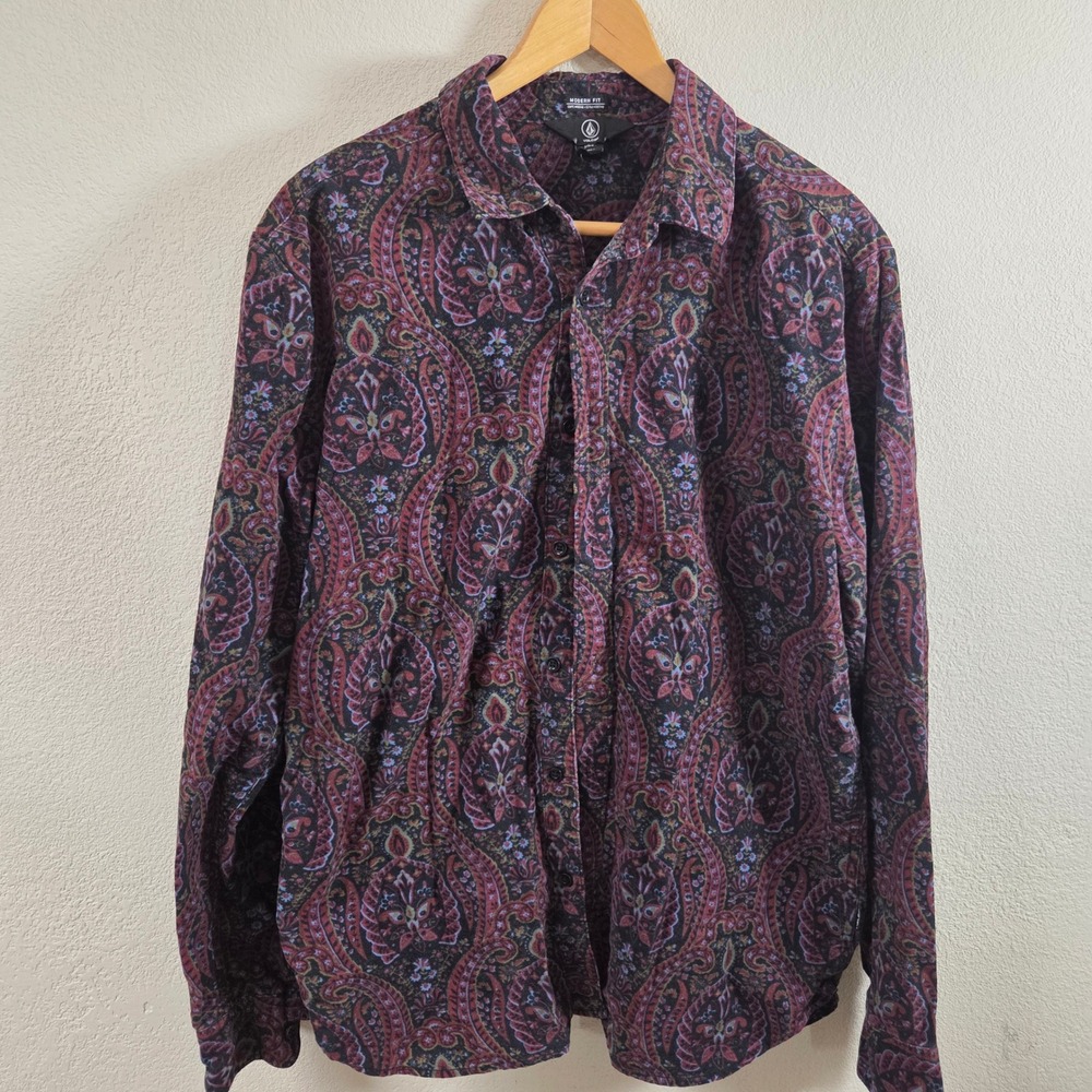 Volcom Modern Fit Paisley Button Down Shirt Mens Large Burgundy Navy Long Sleeve